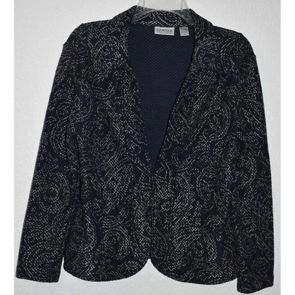 Chicos 1/Med Jacket‎ Blazer Stretch Open Front Navy/Silver Metallic Long Sleeve